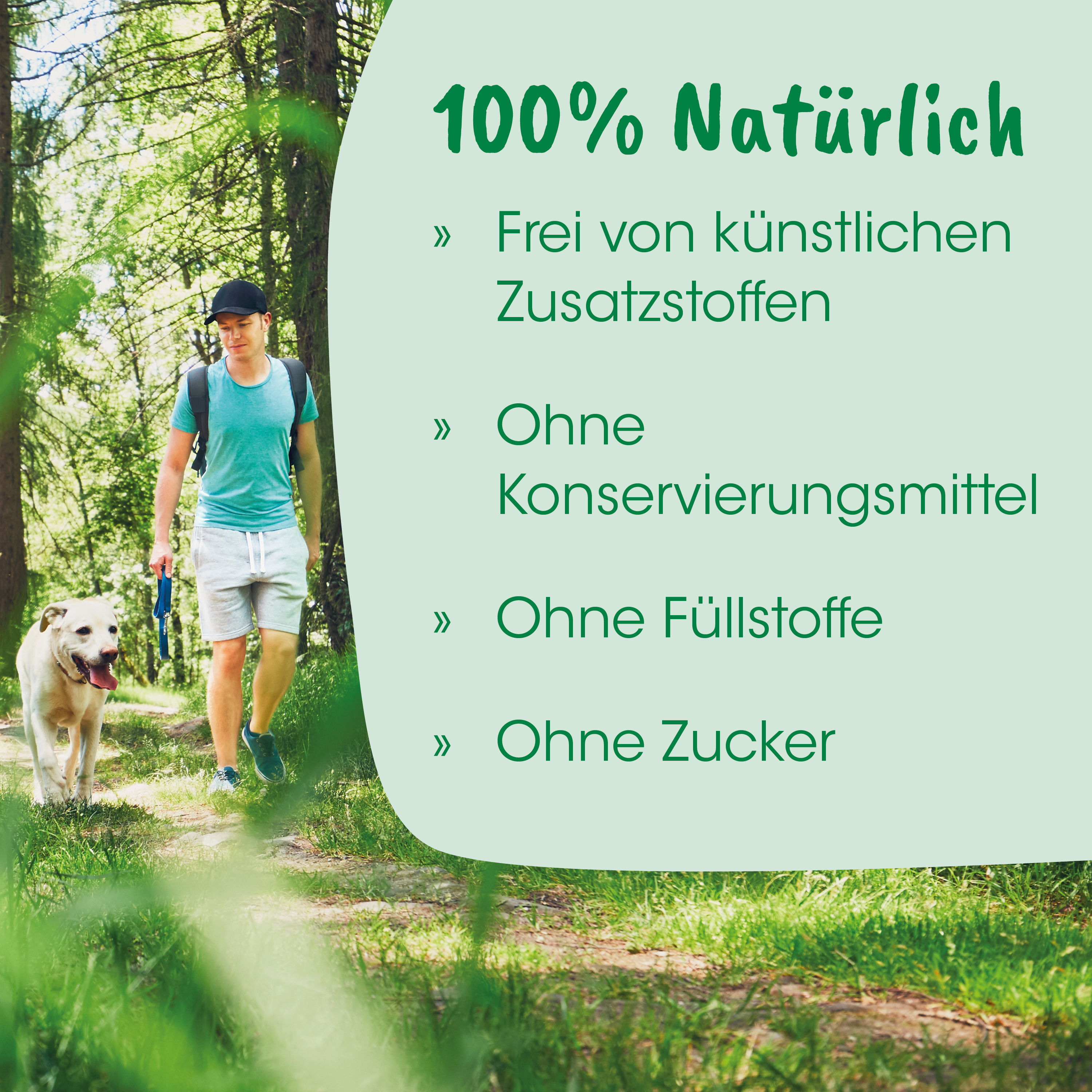 Mann, Rucksack, grünes Hemd, Hund, Draußen
