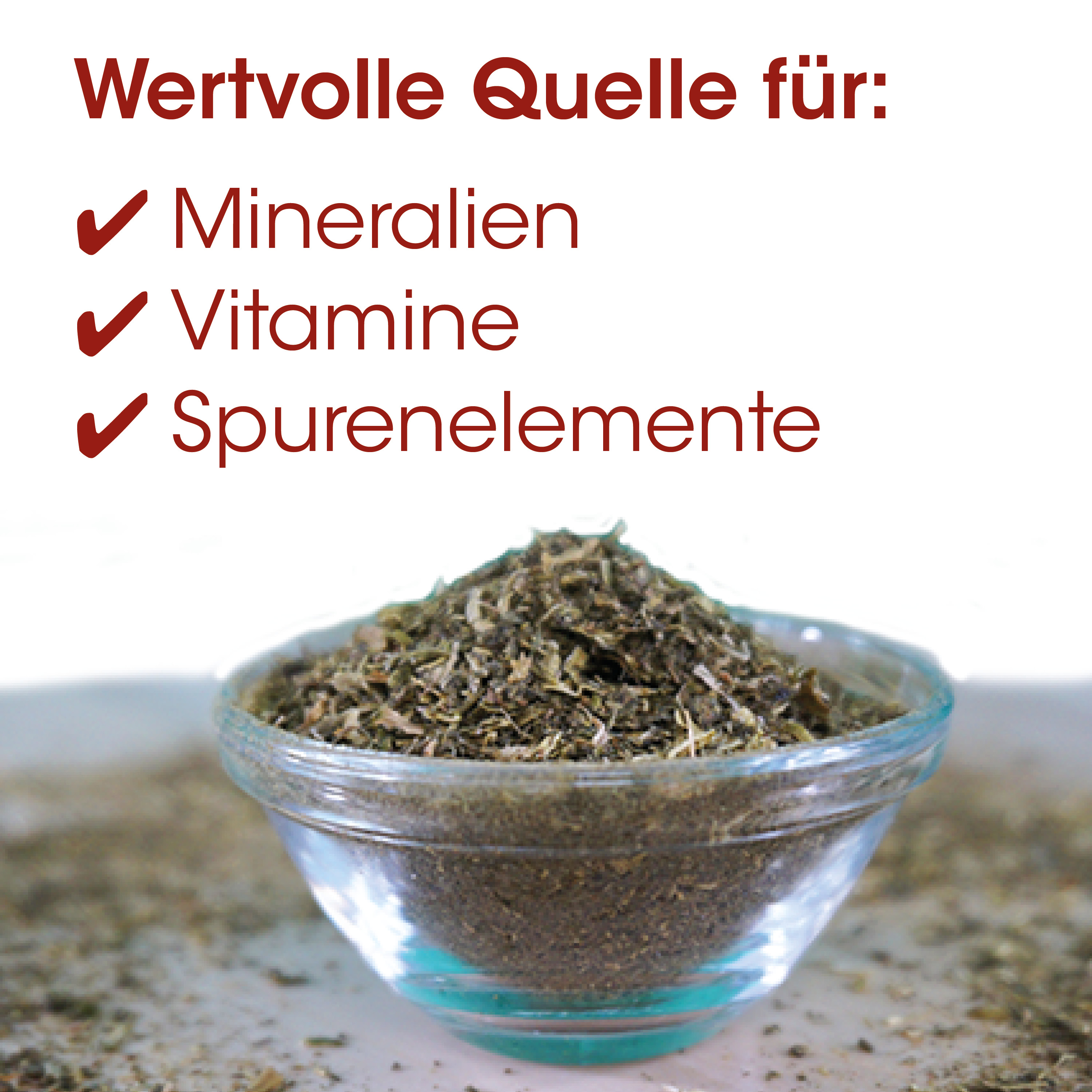 Kräuter, getrocknet, Haufen, Glasbehälter, Produktbild