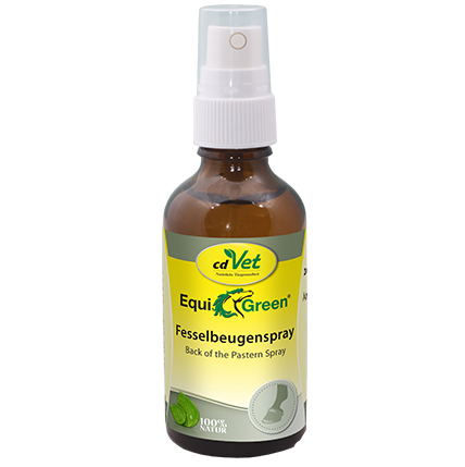 Fesselbeugenspray, Pferdepflege, Sprühflasche, Braunglasflasche, Gelb-grünes Etikett